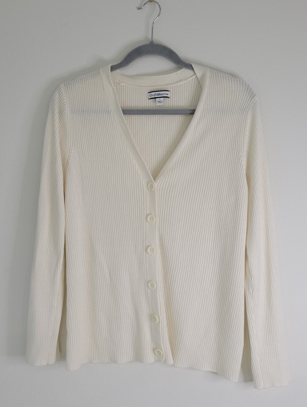 CROFT & BARROX WOMEN SIZE L Cream Ribbed Button-Up Cardigan